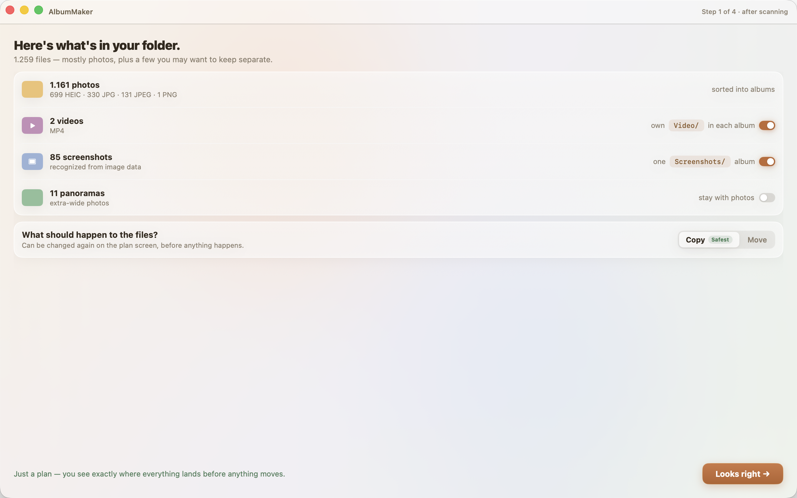 Step 1, "Here's what's in your folder": media-type cards for 1,161 photos, 2 videos, 85 screenshots and 11 panoramas, each with its route toggle