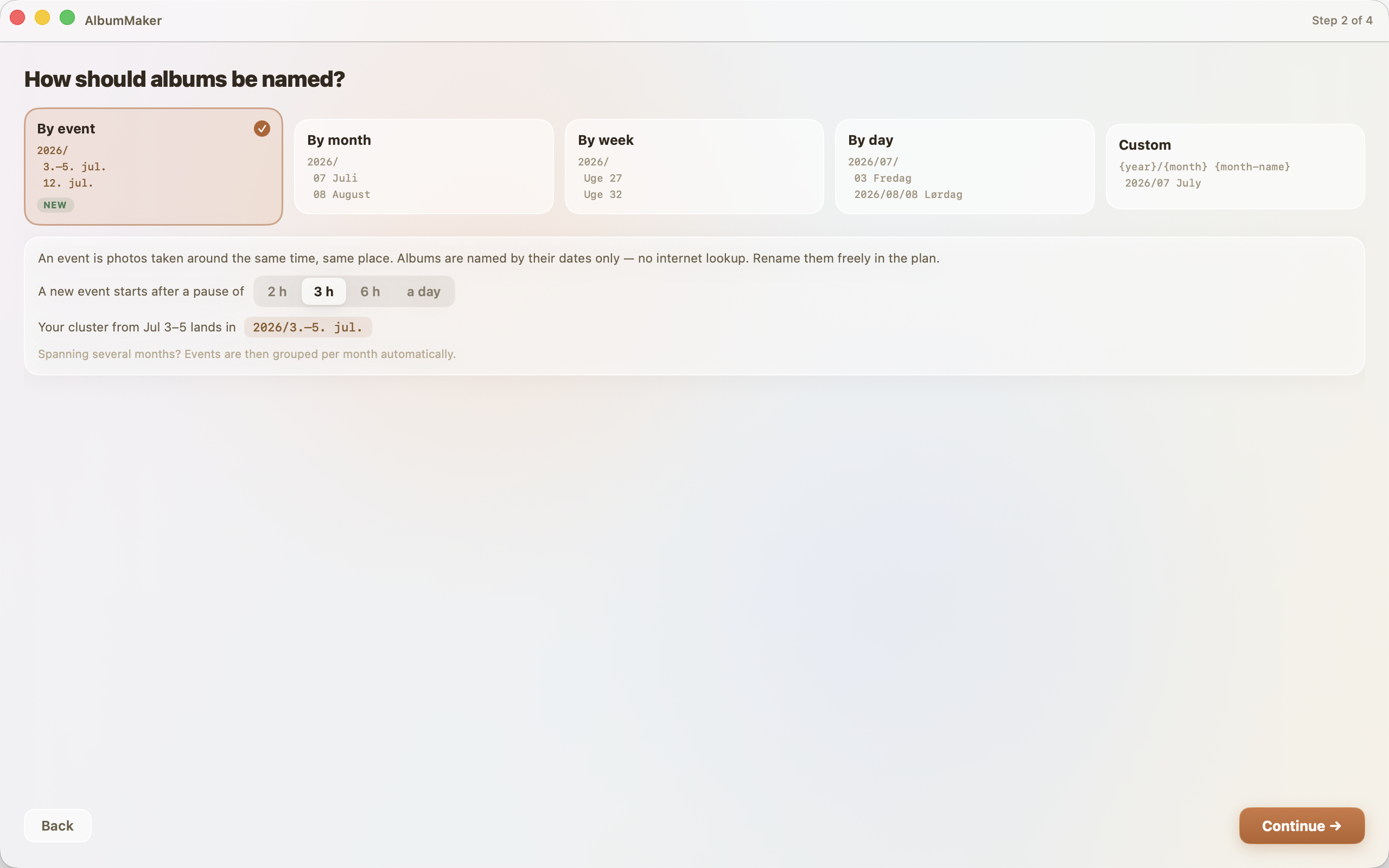 Step 2, "How should albums be named?": naming cards for by event (with pause pills), by month, by week, by day and custom template