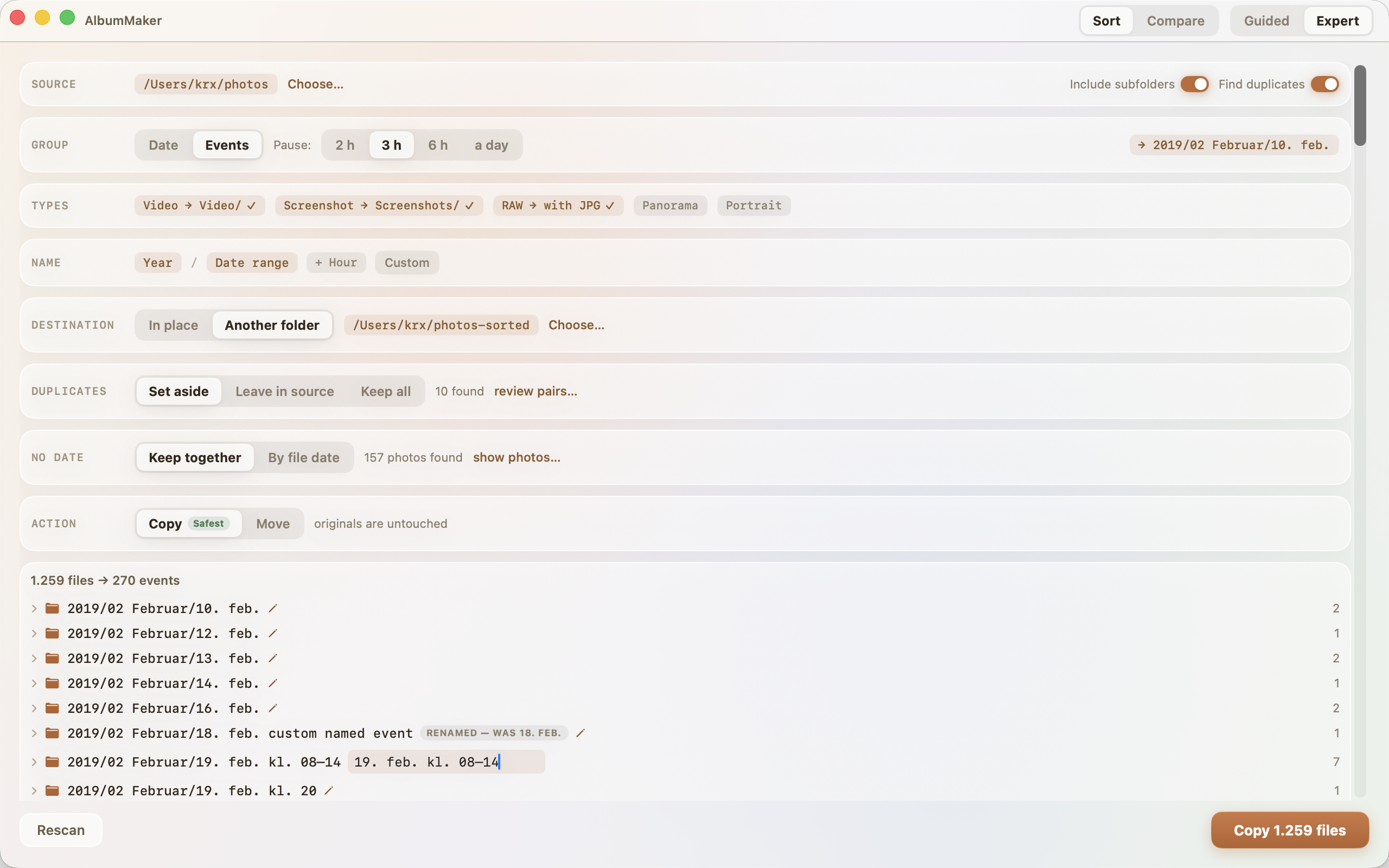 Expert mode: source, grouping, types, naming, destination, duplicates and action as one panel above the live plan