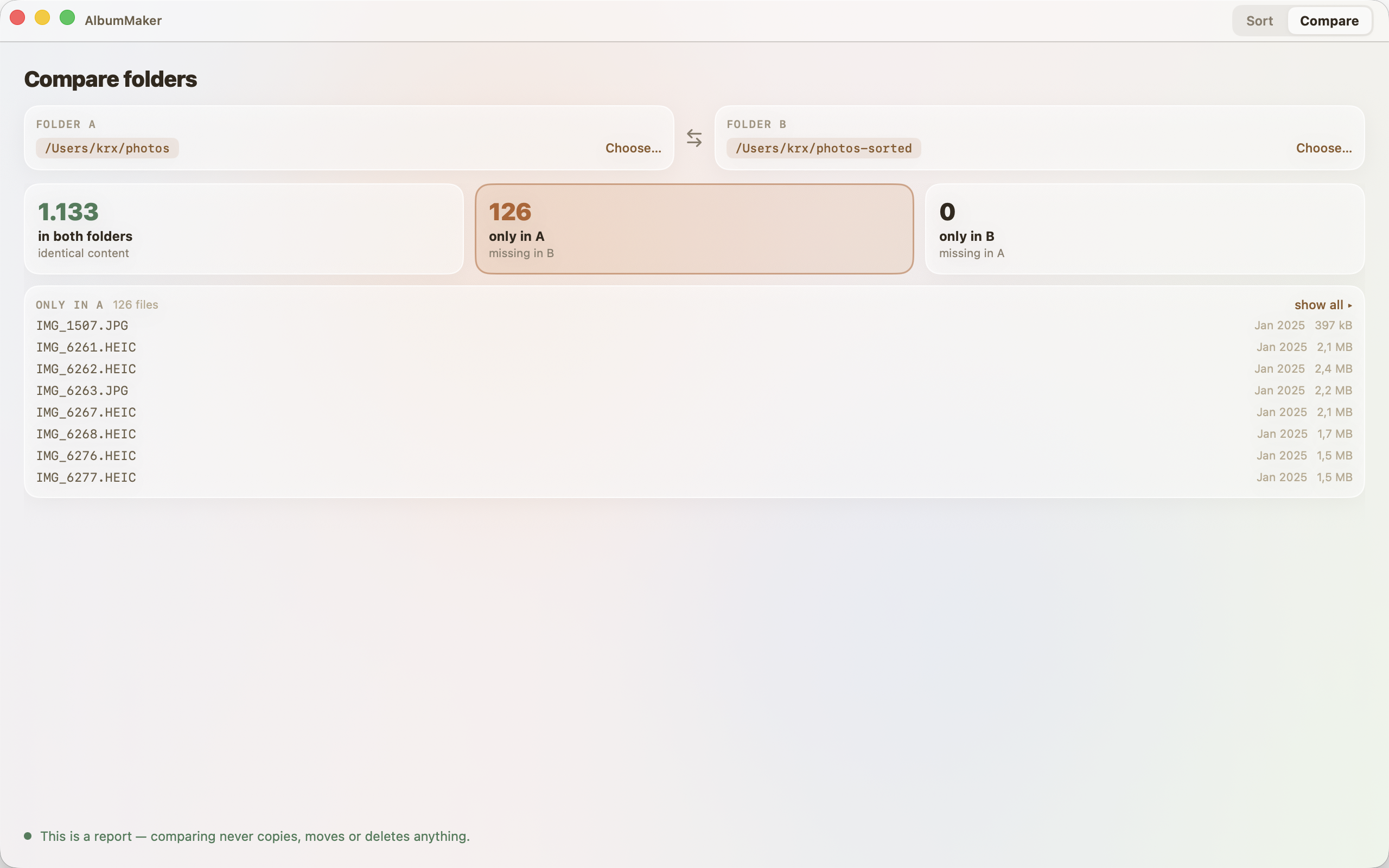 Compare folders: 1,133 files in both folders, 126 only in A, 0 only in B, with the list of files missing in B